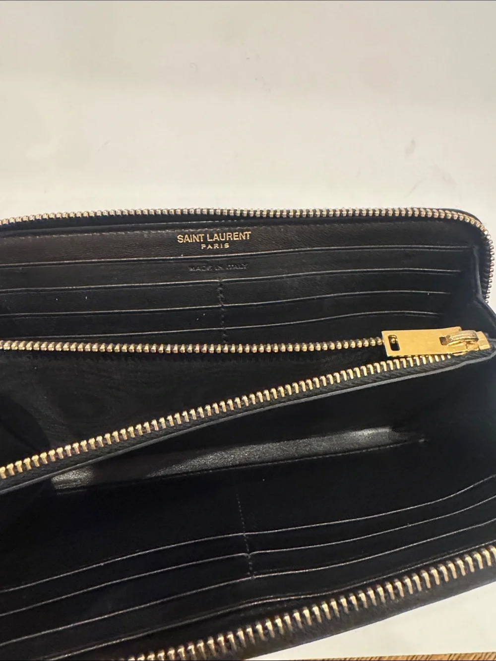 Yves Saint Laurent Black Lipstick Print Zip Wallet with Gold YSL Logo